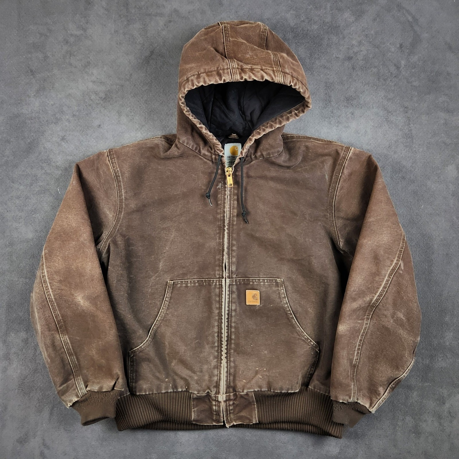 Carhartt J130 Active Jacket Mens Large Brown Washed Duck Hooded Quilt Lined Y2k